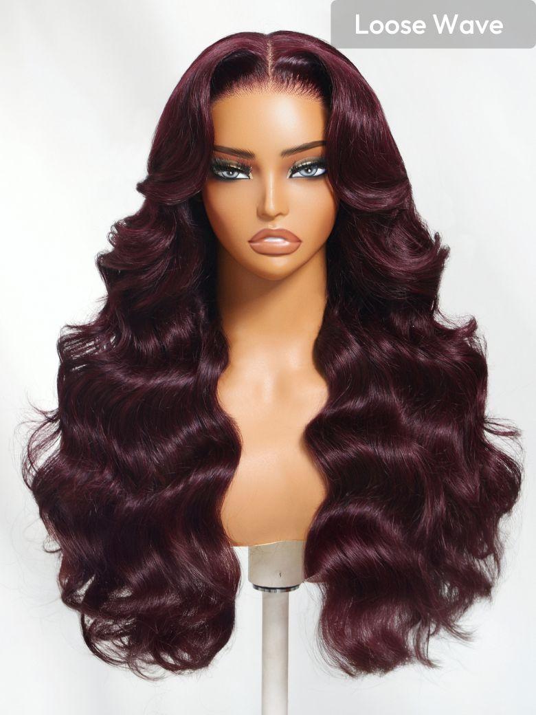 UNice 7x5 Bye-Bye Knots? & 13x4 Pre-Everything? Lace Frontal Purple Black Cherry Layered Straight &Loose Wave With Face Framing Bangs Wig