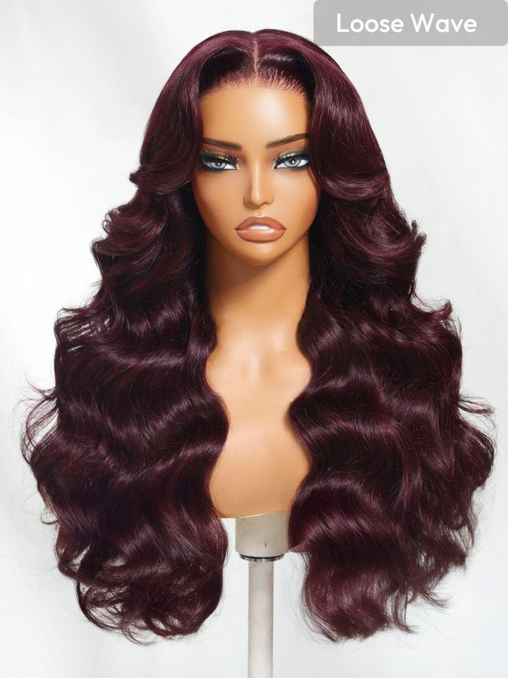 UNice 7x5 Bye-Bye Knots? & 13x4 Pre-Everything? Lace Frontal Purple Black Cherry Layered Straight &Loose Wave With Face Framing Bangs Wig
