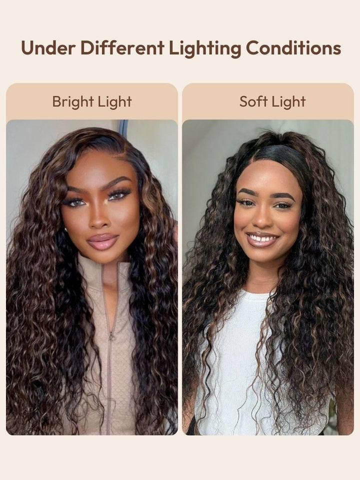 UNice Bye-Bye Knots 7x5 Lace Water Wave Black Wig With Golden Brown Highlights & Natural Black 150% Density Perfect Beach Look for Summer