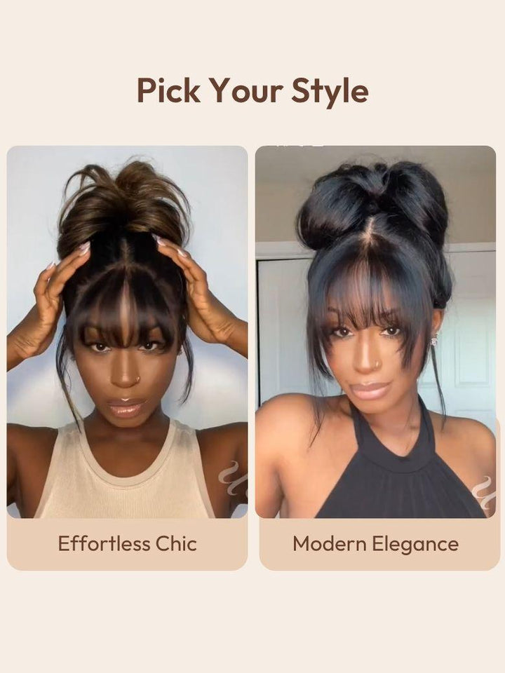 UNice 7x5 Bye-Bye Knots? & 13x4 Pre-Everything? Lace Frontal Black Fluffy Natural Loose Wave Curtain Bangs Wig