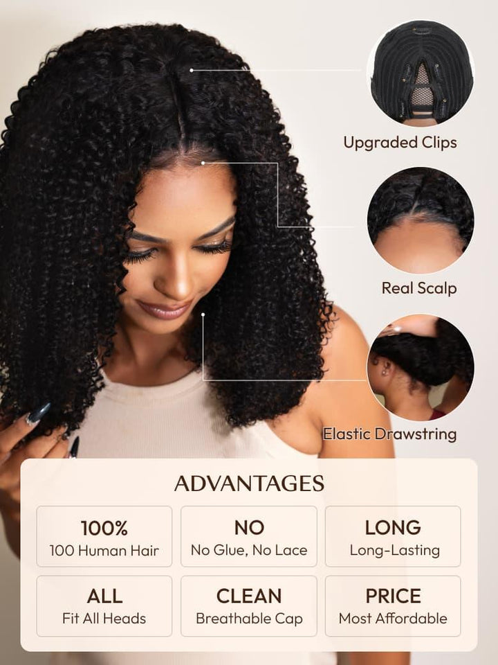 UNice EasiContour? V Part Minimal Glueless Curly Glueless Wig With Invisi Drawstring 100% Human Hair 150% Density