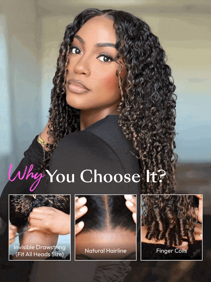 UNice 100% Human Hair Glueless Curly Wig With Defined Finger Coil Ends Bye-Bye Knots™ 7x5 Lace Black to Chestnut Brown Ombre Drawstring Wig