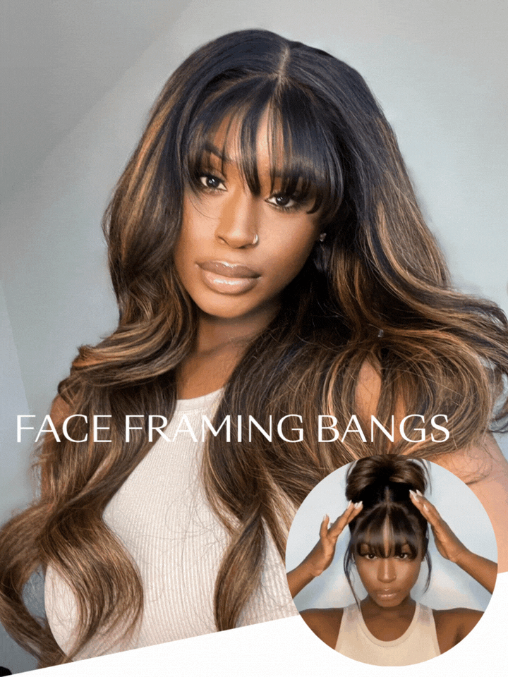 UNice 13x4 Pre-Everything? Lace Frontal Balayage Highlights Fluffy Natural Loose Wave Curtain Bangs Wig