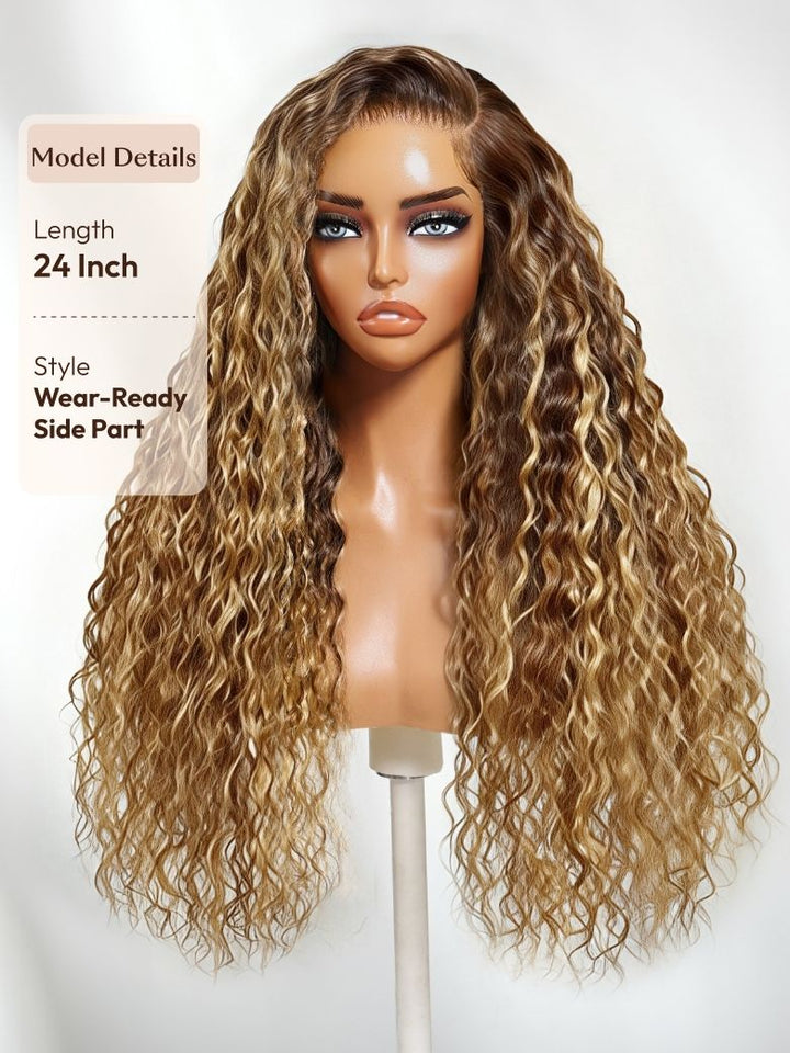 UNice Ameera Same 13x4 Pre-Everything™ Lace Frontal Caramel Brown With Honey Blonde Highlights Water Wave Glueless Drawstring Wig