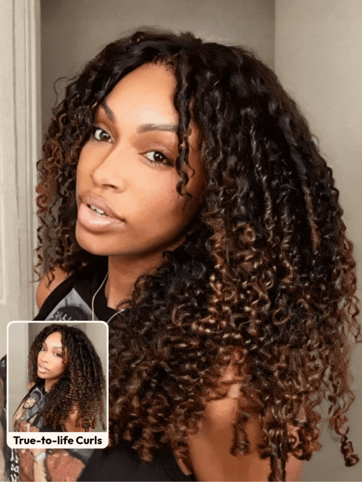 UNice Glueless Curly Wig With Defined Finger Coil Ends Black to Chestnut Brown Ombre Bye-Bye Slip™ 7x5 Lace Drawstring Wig