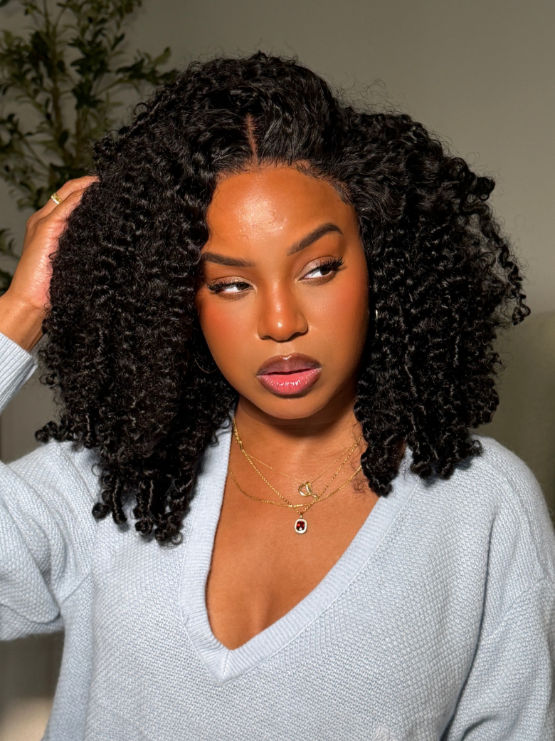 [Ameera Same $166] UNice 7x5 Bye Bye Slip™ Lace Natural Black Afro Kinky Curly with Finger Coil Ends Drawstring Wig 180% Density