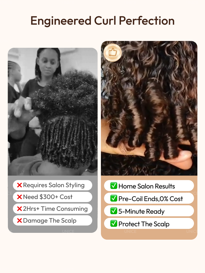 UNice 100% Human Hair Glueless Curly Wig With Defined Finger Coil Ends Bye-Bye Knots™ 7x5 Lace Black to Chestnut Brown Ombre Drawstring Wig