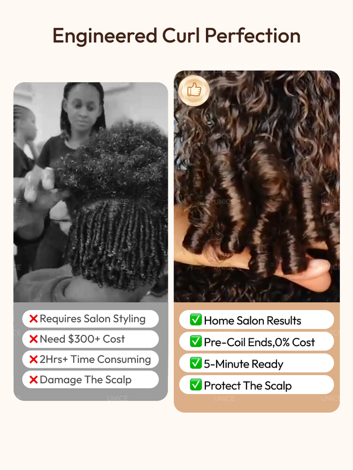 UNice 100% Human Hair Glueless Curly Wig With Defined Finger Coil Ends Bye-Bye Knots™ 7x5 Lace Black to Chestnut Brown Ombre Drawstring Wig