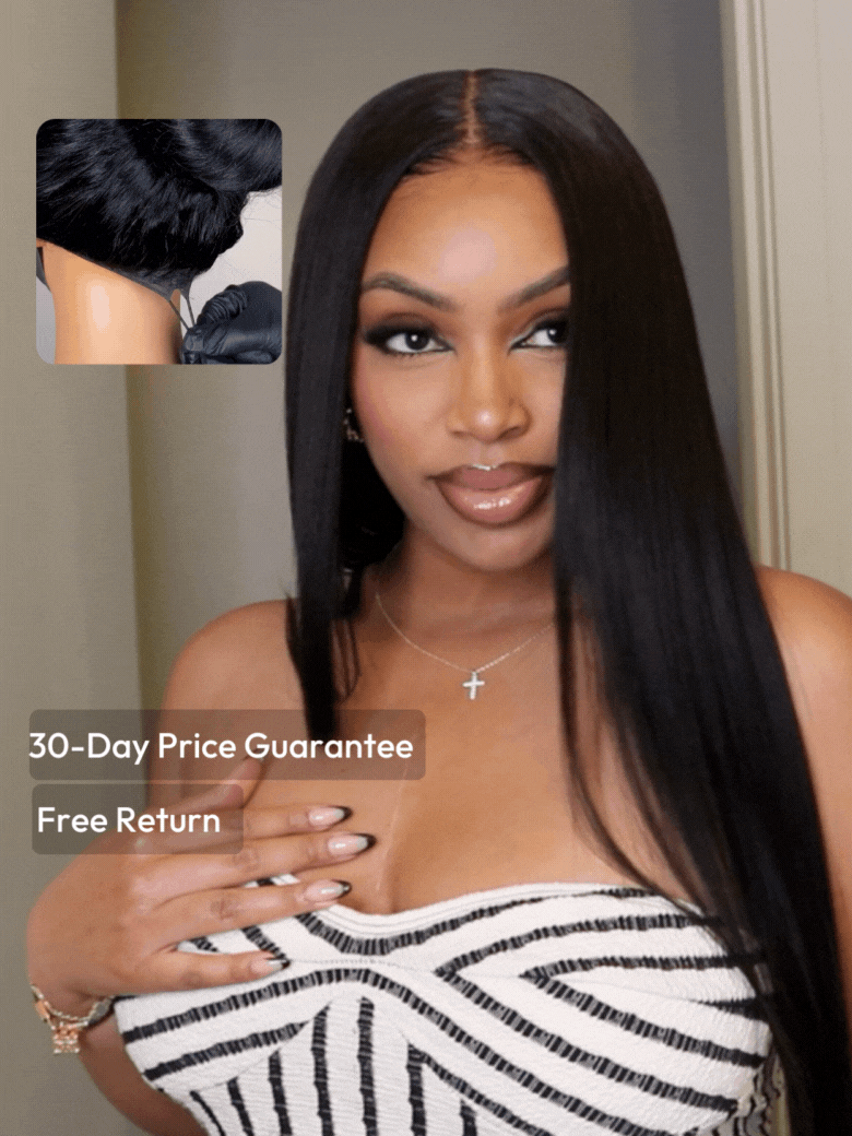 Gina Same UNice Bye Bye Slip Wig 7x5 Glueless Lace Black Yaki Straight Wig With Elastic Drawstring 360 Cozy Hug 150% Density