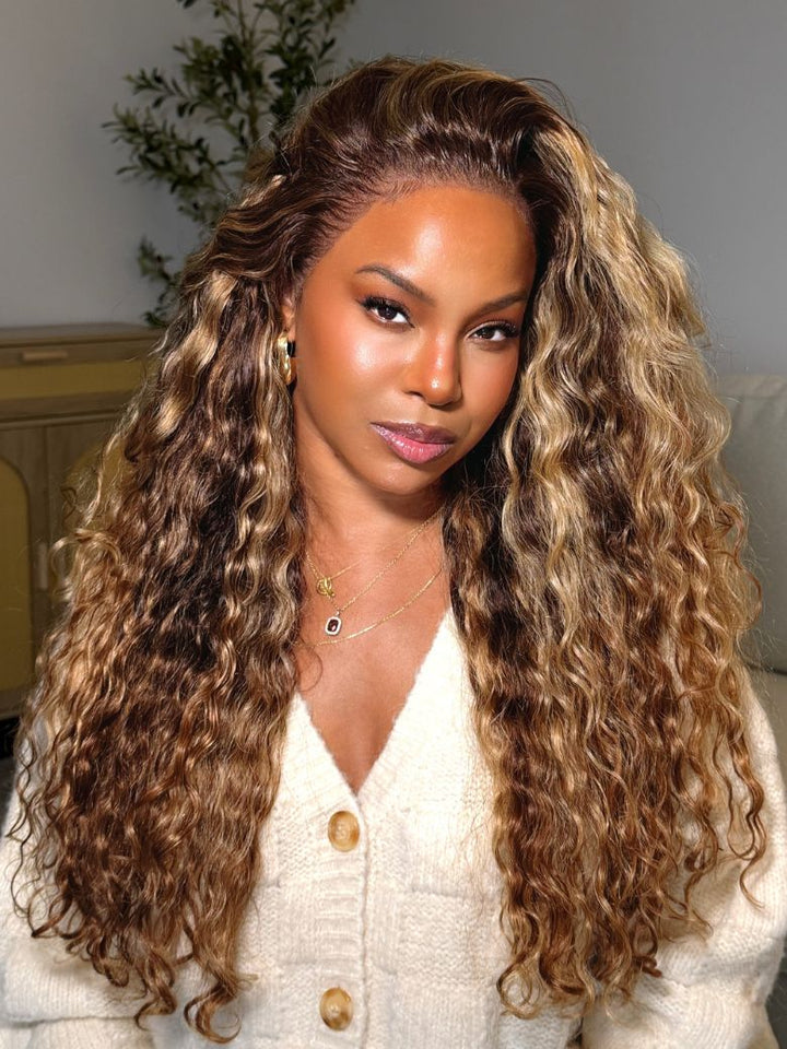 UNice Ameera Same 13x4 Pre-Everything™ Lace Frontal Caramel Brown With Honey Blonde Highlights Water Wave Glueless Drawstring Wig