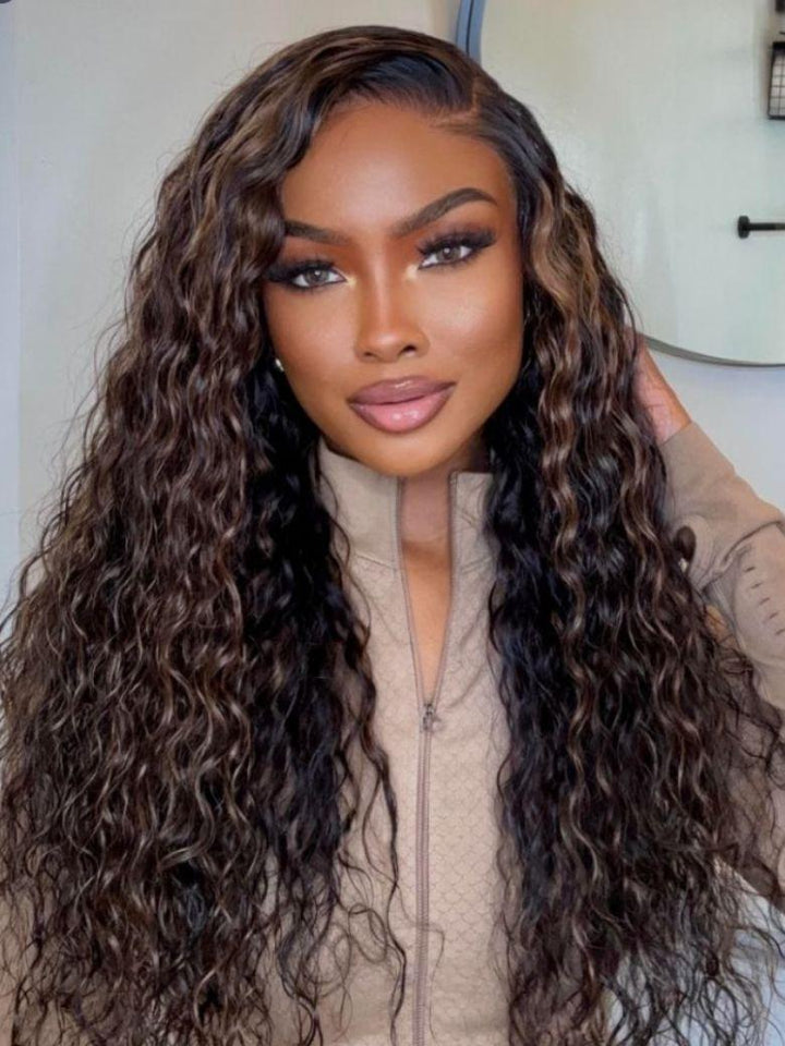 UNice Bye-Bye Knots 7x5 Lace Water Wave Black Wig With Golden Brown Highlights & Natural Black 150% Density Perfect Beach Look for Summer