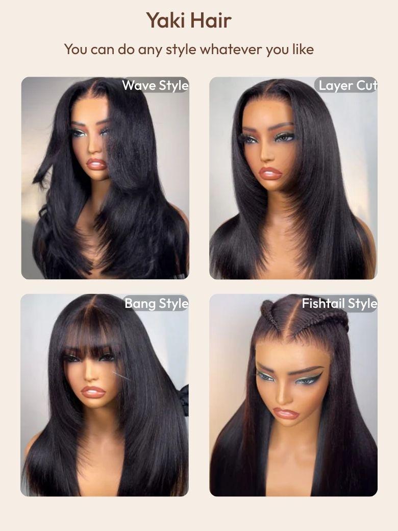 Gina Same UNice Bye Bye Slip Wig 7x5 Glueless Lace Black Yaki Straight Wig With Elastic Drawstring 360 Cozy Hug 150% Density