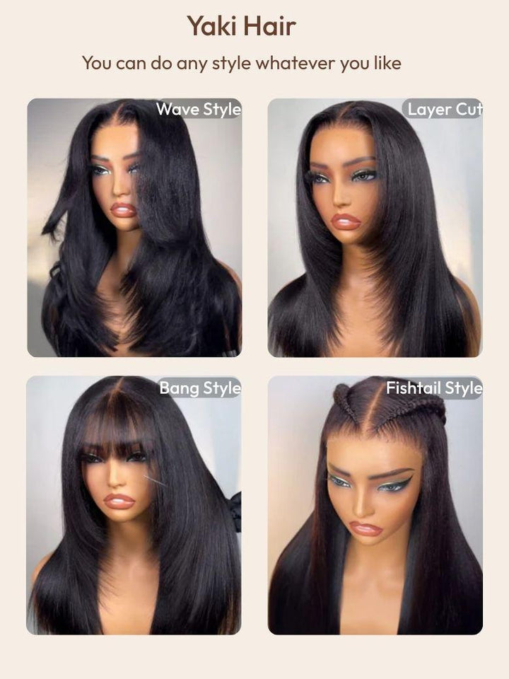 Gina Same UNice Bye Bye Slip Wig 7x5 Glueless Lace Black Yaki Straight Wig With Elastic Drawstring 360 Cozy Hug 150% Density