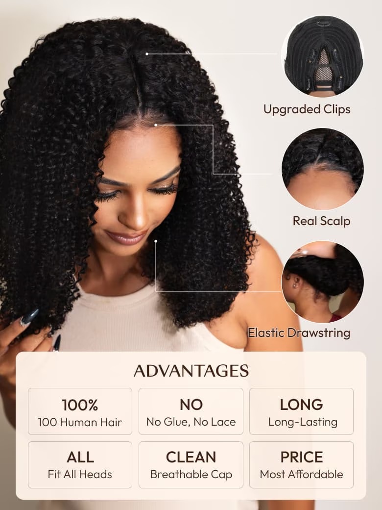 UNice EasiContour? V Part Glueless Yaki Straight Wig With Invisi Drawstring 100% Human Hair 150% & 180% Density