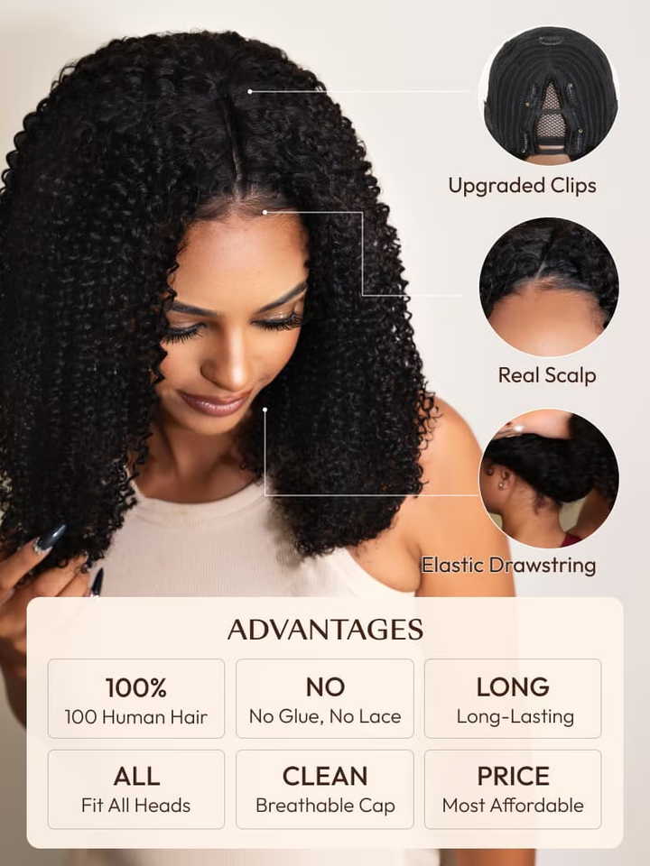 UNice EasiContour? V Part Glueless Yaki Straight Wig With Invisi Drawstring 100% Human Hair 150% & 180% Density