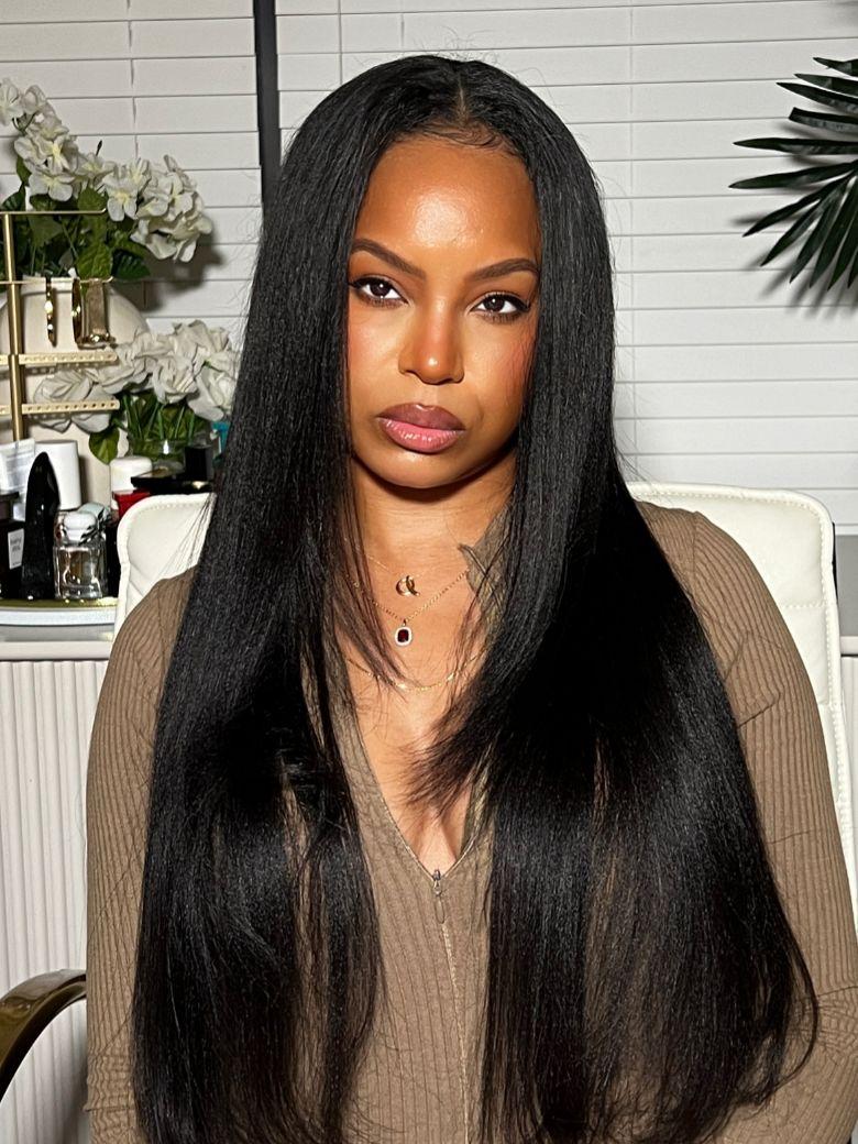 UNice EasiContour? V Part Glueless Yaki Straight Wig With Invisi Drawstring 100% Human Hair 150% & 180% Density
