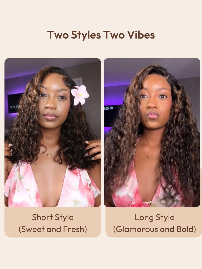 UNice Bye-Bye Knots 7x5 Lace Water Wave Black Wig With Golden Brown Highlights & Natural Black 150% Density Perfect Beach Look for Summer