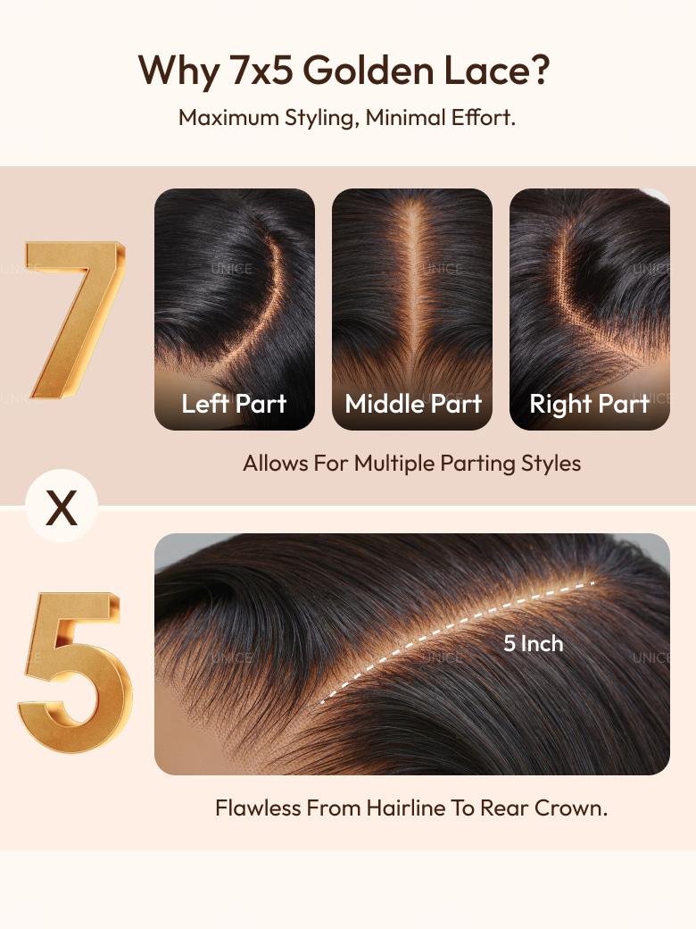 UNice 7x5 Bye Bye Knots Wig Glueless Lace 150% density Flattering Sun-Kissed Warm Tones Cherry wood Body Wave Bleached Knots Wig