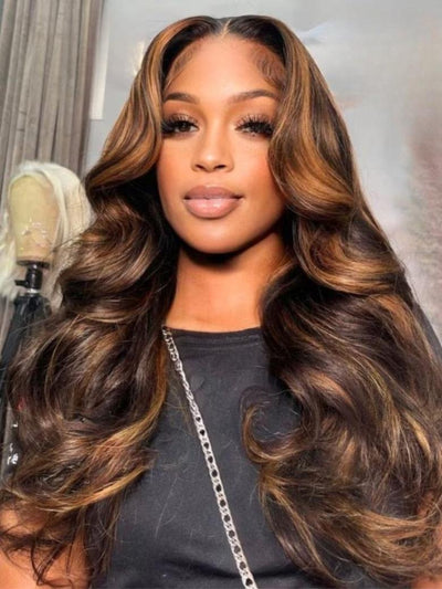 UNice 7x5 Bye Bye Knots? Wig  Glueless Lace Balayage Highlight Body Wave Drawstring & Curtain Bangs Wig