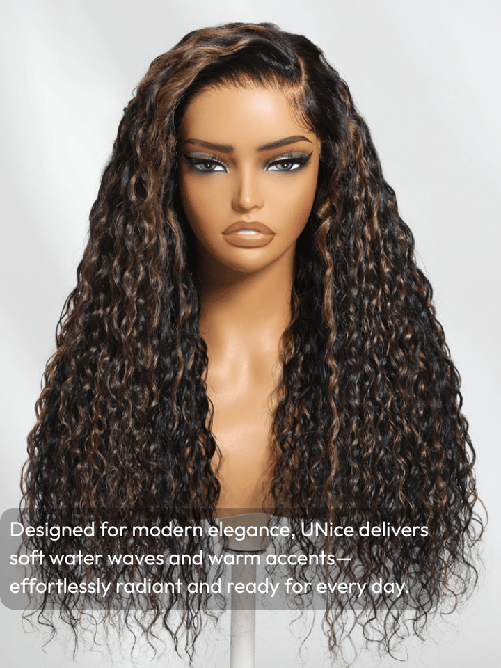UNice Bye-Bye Knots 7x5 Lace Water Wave Black Wig With Golden Brown Highlights & Natural Black 150% Density Perfect Beach Look for Summer