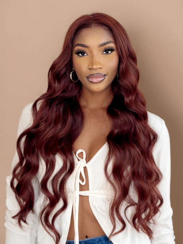 UNice 7x5 Bye Bye Knots Wig Glueless Lace 150% density Flattering Sun-Kissed Warm Tones Reddish Brown Body Wave Bleached Knots Wig