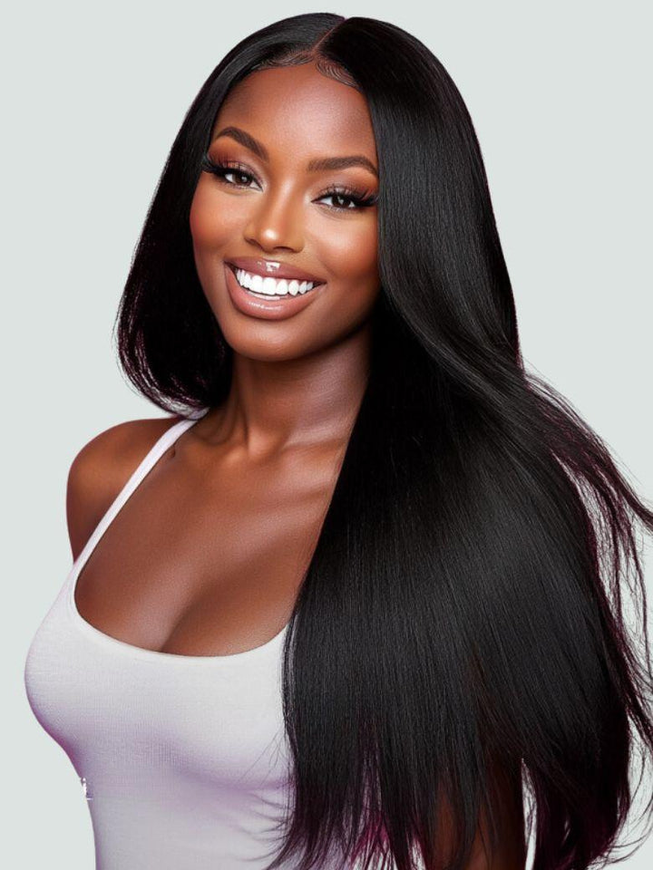 UNice EasiContour? V Part Glueless Yaki Straight Wig With Invisi Drawstring 100% Human Hair 150% & 180% Density
