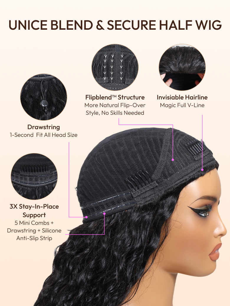 UNice Blend & Secure Half Wig Kinky Curly Glueless Wig for Beginners