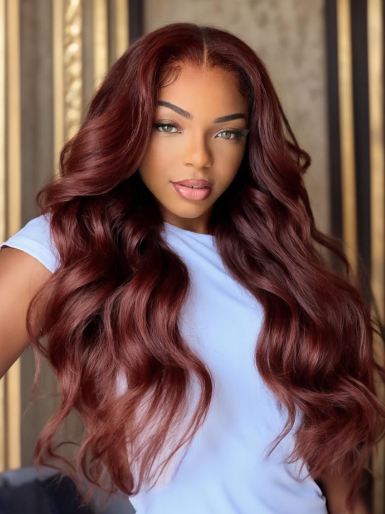 UNice 7x5 Bye Bye Knots Wig Glueless Lace 150% density Flattering Sun-Kissed Warm Tones Reddish Brown Body Wave Bleached Knots Wig
