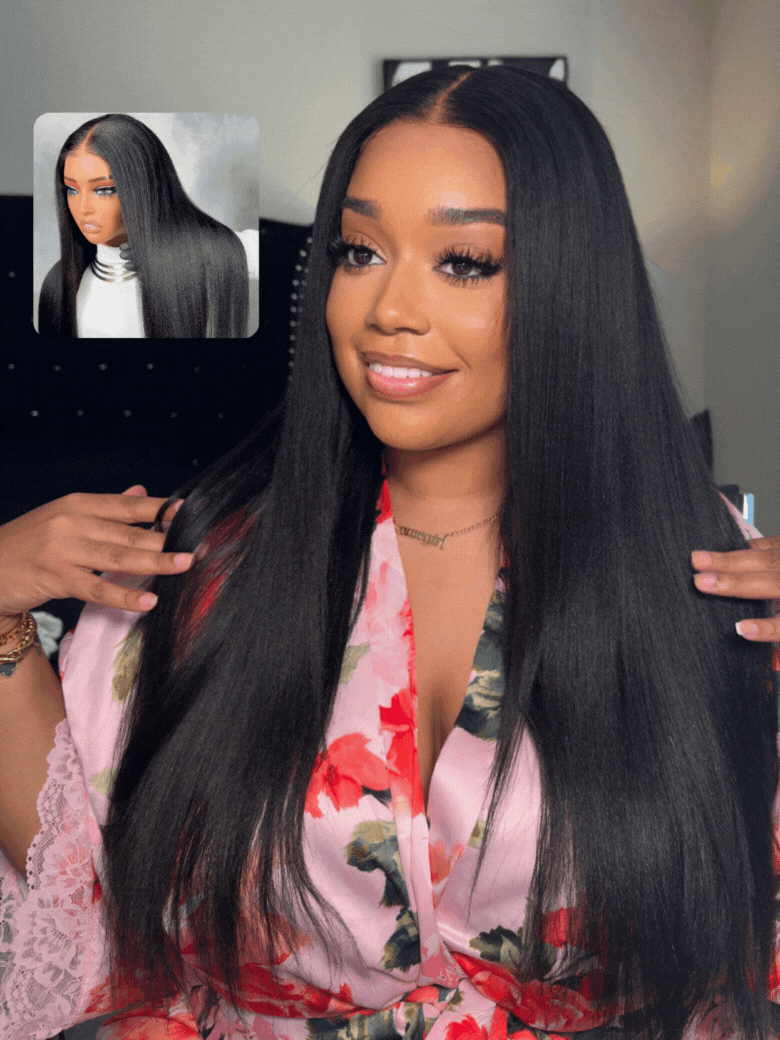 Gina Same UNice Bye Bye Slip Wig 7x5 Glueless Lace Black Yaki Straight Wig With Elastic Drawstring 360 Cozy Hug 150% Density