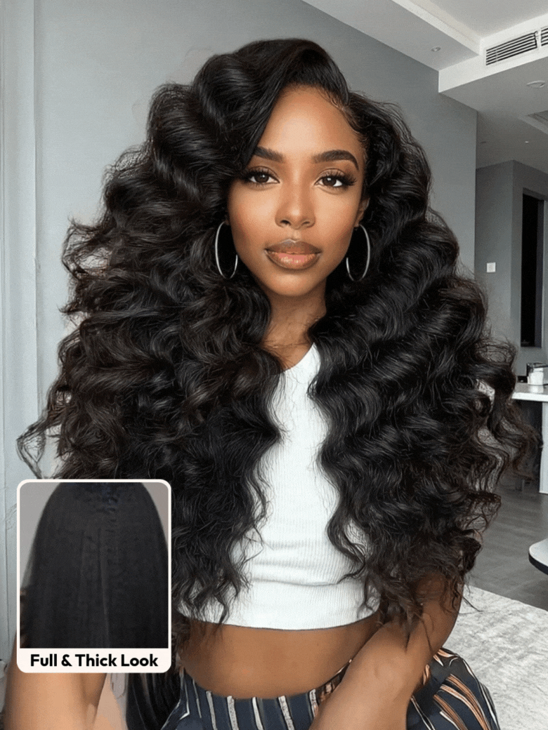 UNice HD Real Scalp? Wig & Feathered Layers Drawstring Wig 13x4 Invisible Lace Frontal Loose Wave with Face Framing Curtain Bangs