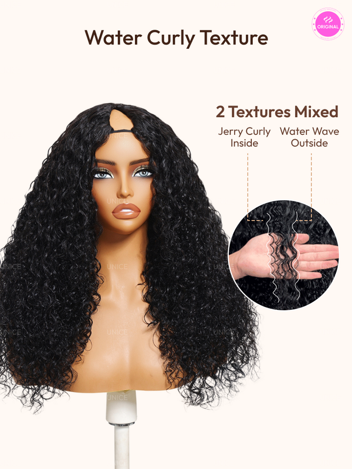 UNice InvisiBlend? V Part Bouncy Water Wave Curly Seamless Blending Wig With Drawstring 150% Density Protect Your Natural Hair