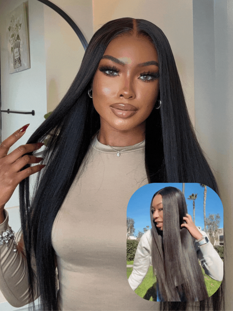 Gina Same UNice Bye Bye Slip Wig 7x5 Glueless Lace Black Yaki Straight Wig With Elastic Drawstring 360 Cozy Hug 150% Density