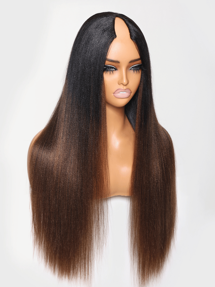 UNice EasiContour V Part Black to Chestnut Brown Ombre Yaki Wig With Invisi Drawstring