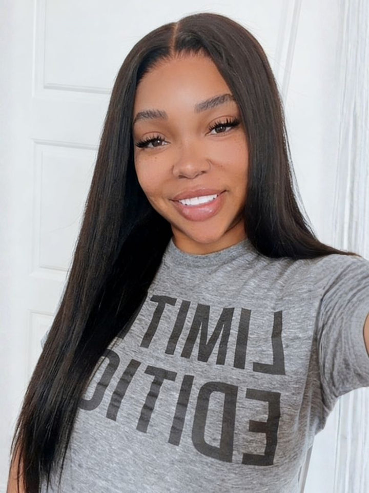 Gina Same UNice Bye Bye Slip Wig 7x5 Glueless Lace Black Yaki Straight Wig With Elastic Drawstring 360 Cozy Hug 150% Density