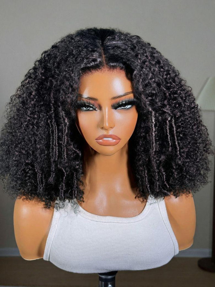UNice 7x5 Bye Bye Slip? Lace Natural Black Afro Kinky Curly with Finger Coil Ends Drawstring Wig 180% Density