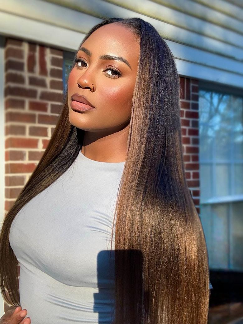 UNice EasiContour V Part Black to Chestnut Brown Ombre Yaki Wig With Invisi Drawstring