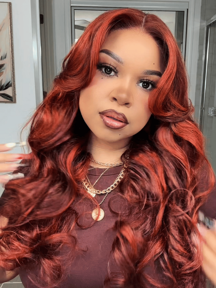 UNice Bye-Bye Knots 7x5 Lace Loose Wave Red Orange Highlights Wig with Face Framing Layers 150% Density