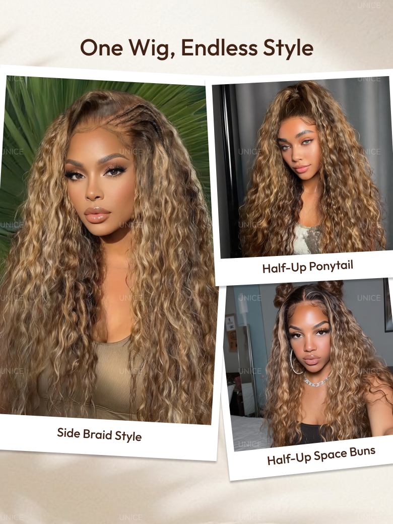 UNice Ameera Same 13x4 Pre-Everything™ Lace Frontal Caramel Brown With Honey Blonde Highlights Water Wave Glueless Drawstring Wig