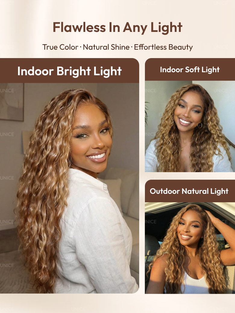 UNice Ameera Same 13x4 Pre-Everything™ Lace Frontal Caramel Brown With Honey Blonde Highlights Water Wave Glueless Drawstring Wig