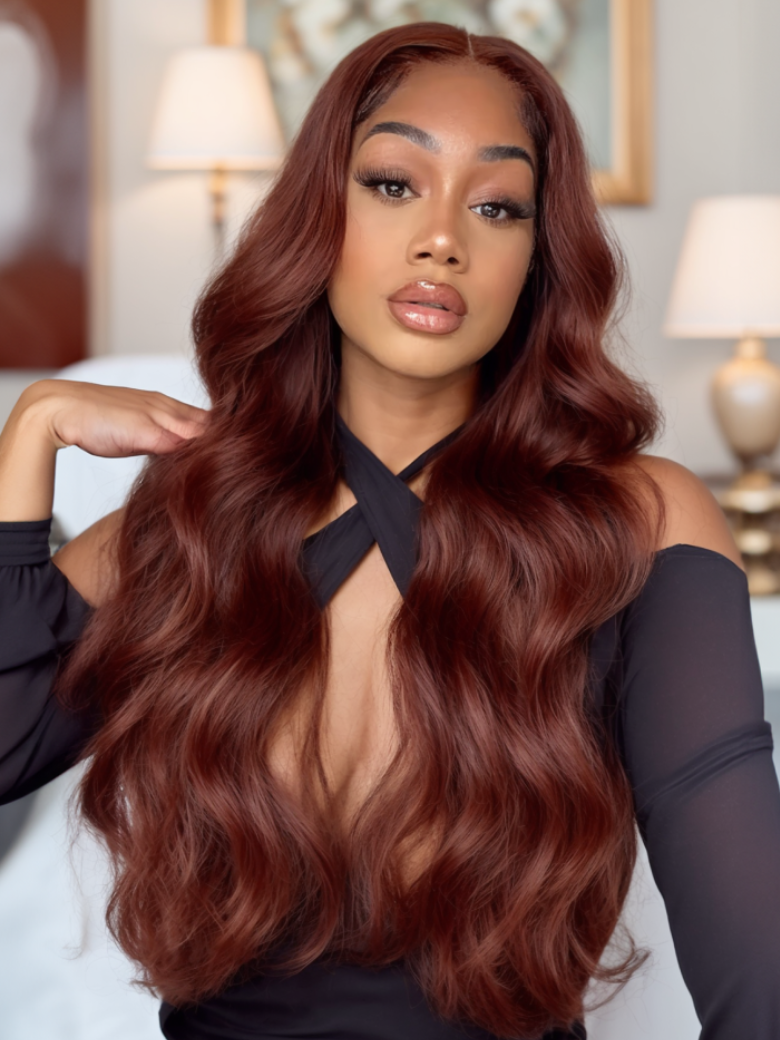 UNice 7x5 Bye Bye Knots Wig Glueless Lace Reddish Brown Body Wave Bleached Knots Wig