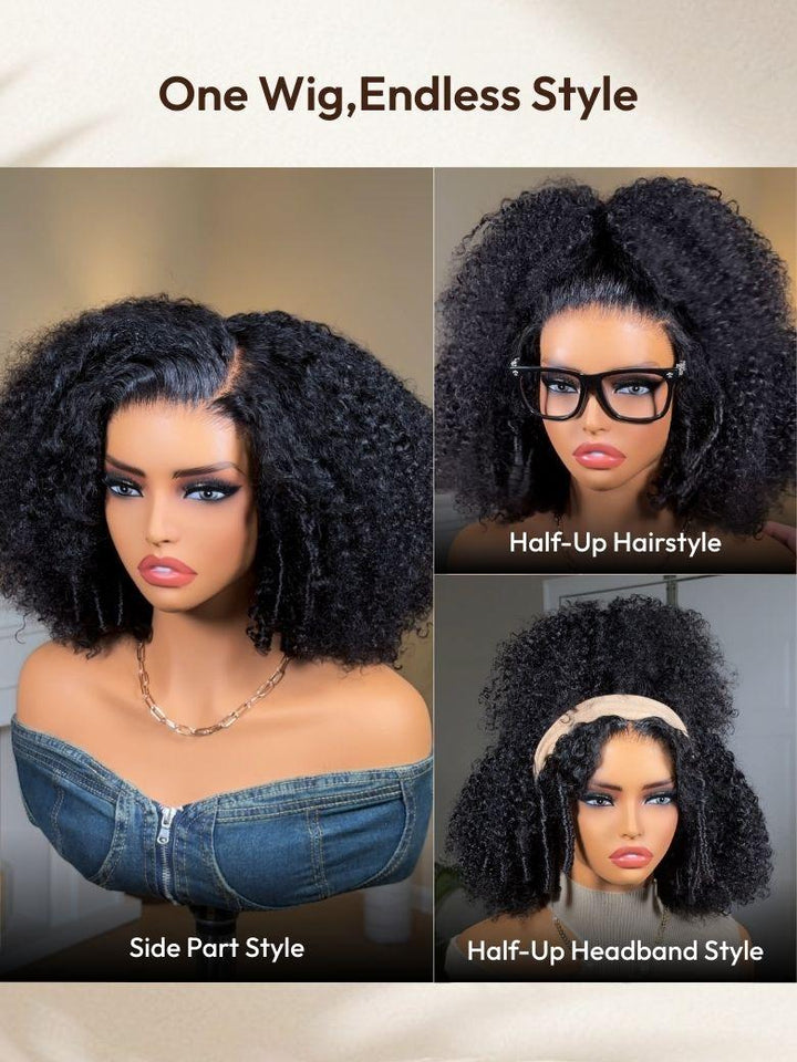 UNice 7x5 Bye Bye Slip? Lace Natural Black Afro Kinky Curly with Finger Coil Ends Drawstring Wig 180% Density