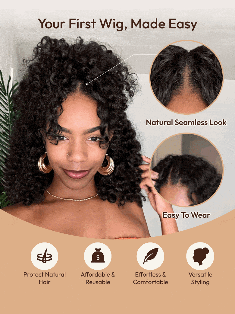 UNice EasiContour? V Part Minimal Glueless Curly Glueless Wig With Invisi Drawstring 100% Human Hair 150% Density