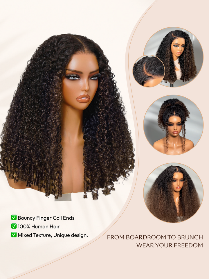 UNice Glueless Curly Wig With Defined Finger Coil Ends Black to Chestnut Brown Ombre Bye-Bye Knots™ 7x5 Lace Drawstring Wig