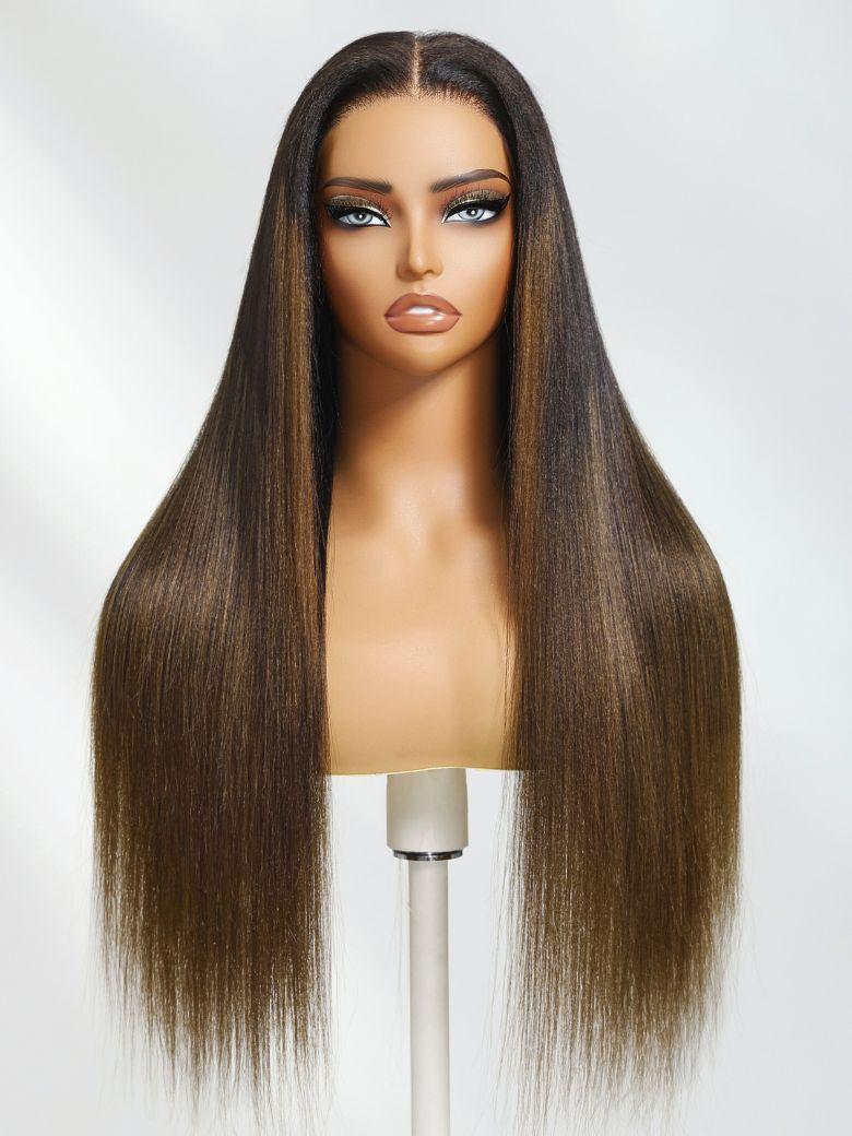 UNice Bye-Bye Knots 7x5 Lace Black to Chestnut Brown Ombre Yaki Straight Wig With Invisi Drawstring & Loose Wave Wig