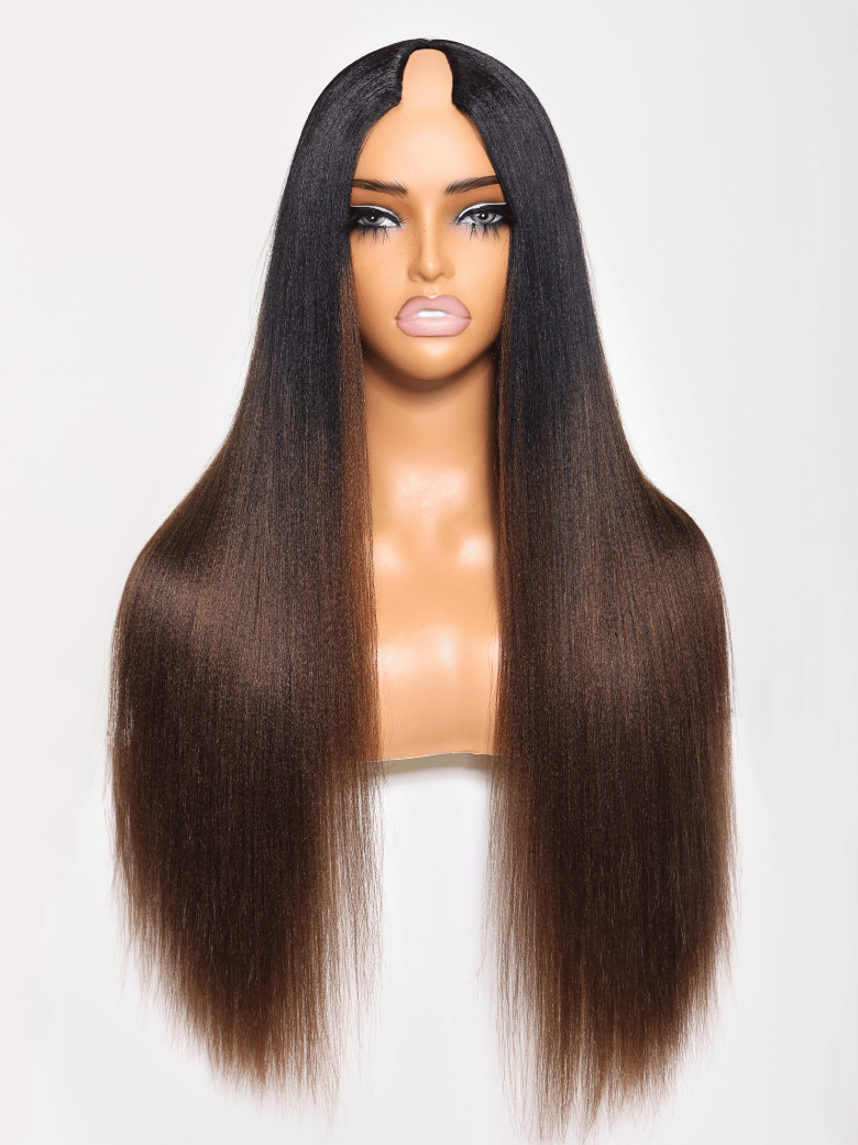 UNice EasiContour V Part Black to Chestnut Brown Ombre Yaki Wig With Invisi Drawstring