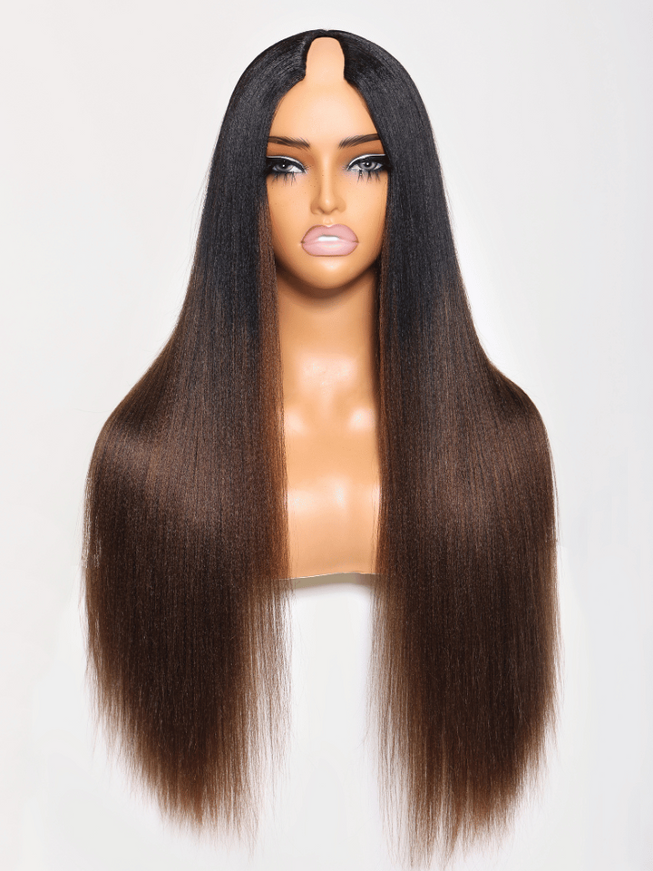 UNice EasiContour V Part Black to Chestnut Brown Ombre Yaki Wig With Invisi Drawstring
