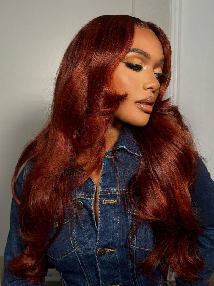 UNice Bye-Bye Knots 7x5 Lace Loose Wave Red Orange Highlights Wig with Face Framing Layers 150% Density