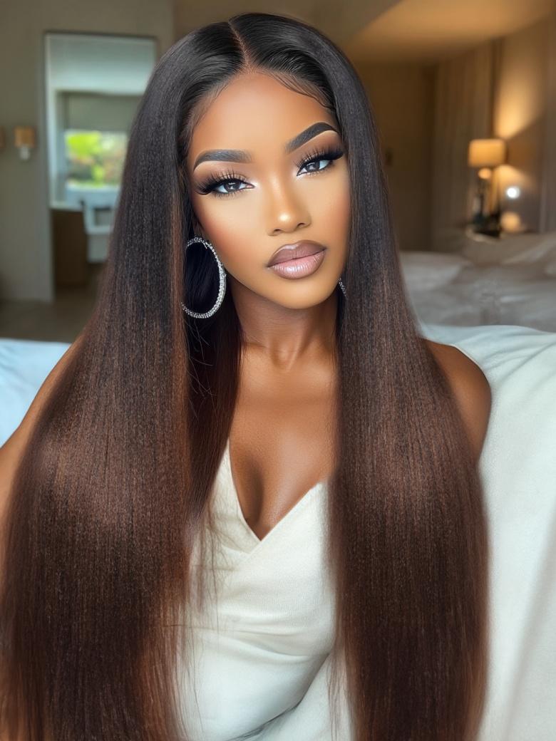 UNice EasiContour V Part Black to Chestnut Brown Ombre Yaki Wig With Invisi Drawstring