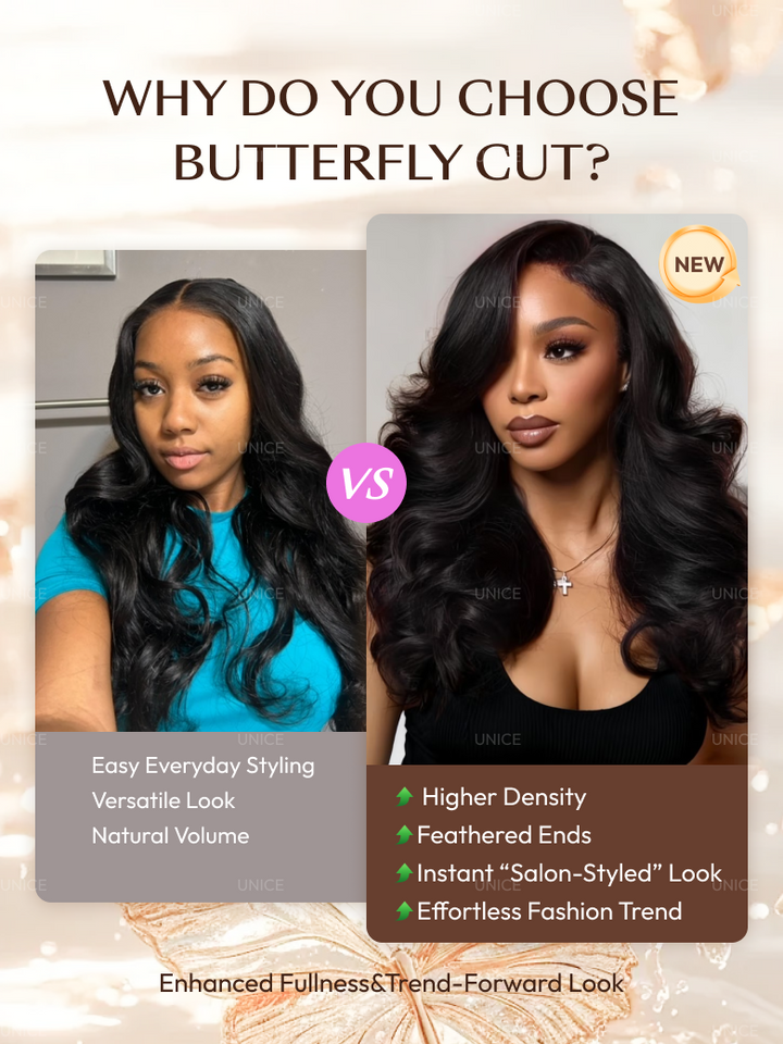 UNice Butterfly Cut 180% Density 100% Human Hair Bye-Bye Knots™ 7x5 Lace Body Curls Wig with Feathered Layers & Invisi Drawstring