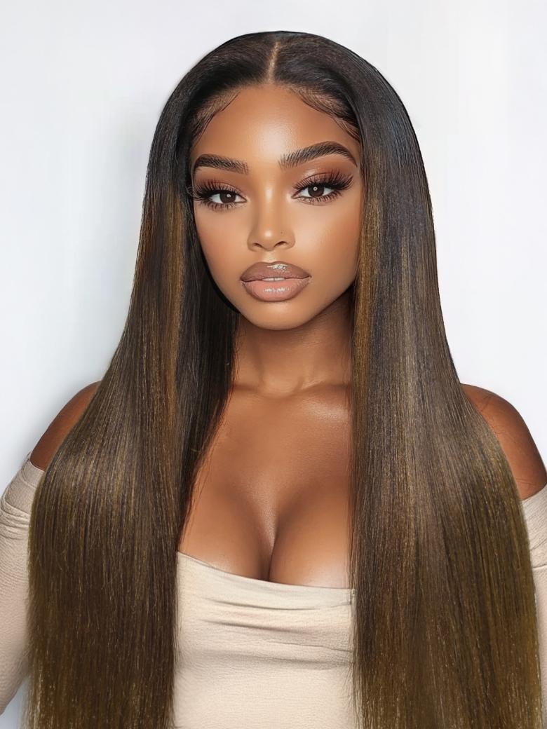 UNice Bye-Bye Knots 7x5 Lace Black to Chestnut Brown Ombre Yaki Straight Wig With Invisi Drawstring & Loose Wave Wig
